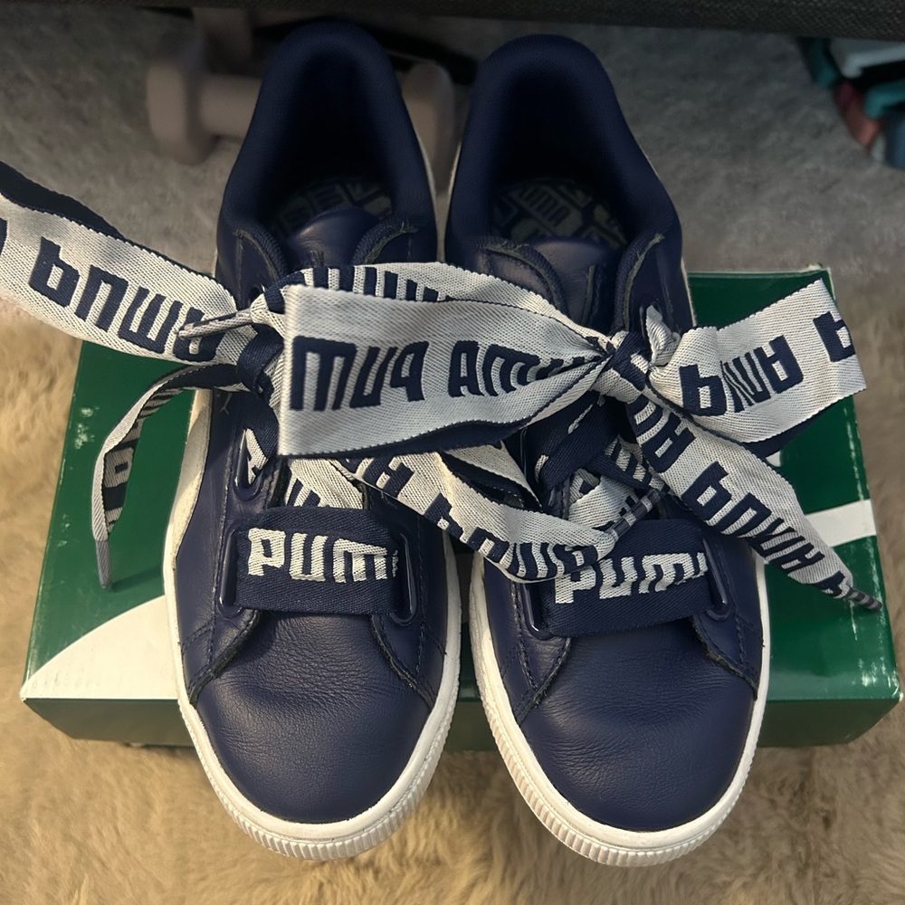 Puma Navy and White Ribbon Lace Athletic Sneakers